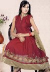 Maroon Chanderi Silk Flare Churidar Kameez offer Apparel